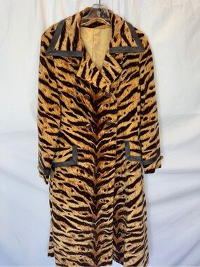 Vintage Tiger-Print Long Coat with Leather Trim & Gem Stone Purple Buttons